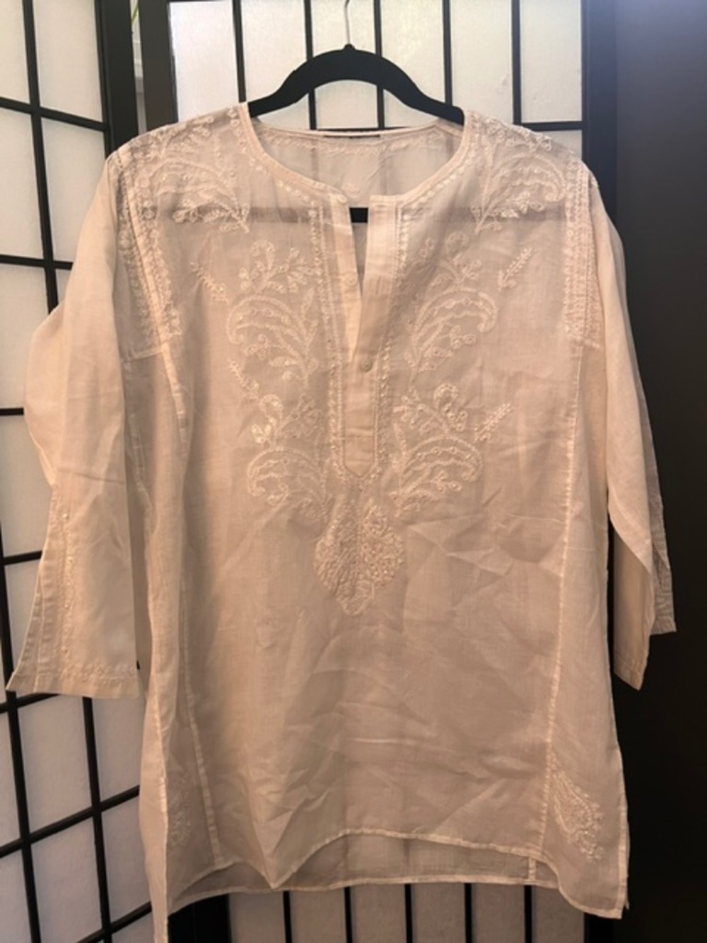 Boho White Embroidered Cotton Tunic Top with Sequin Accents